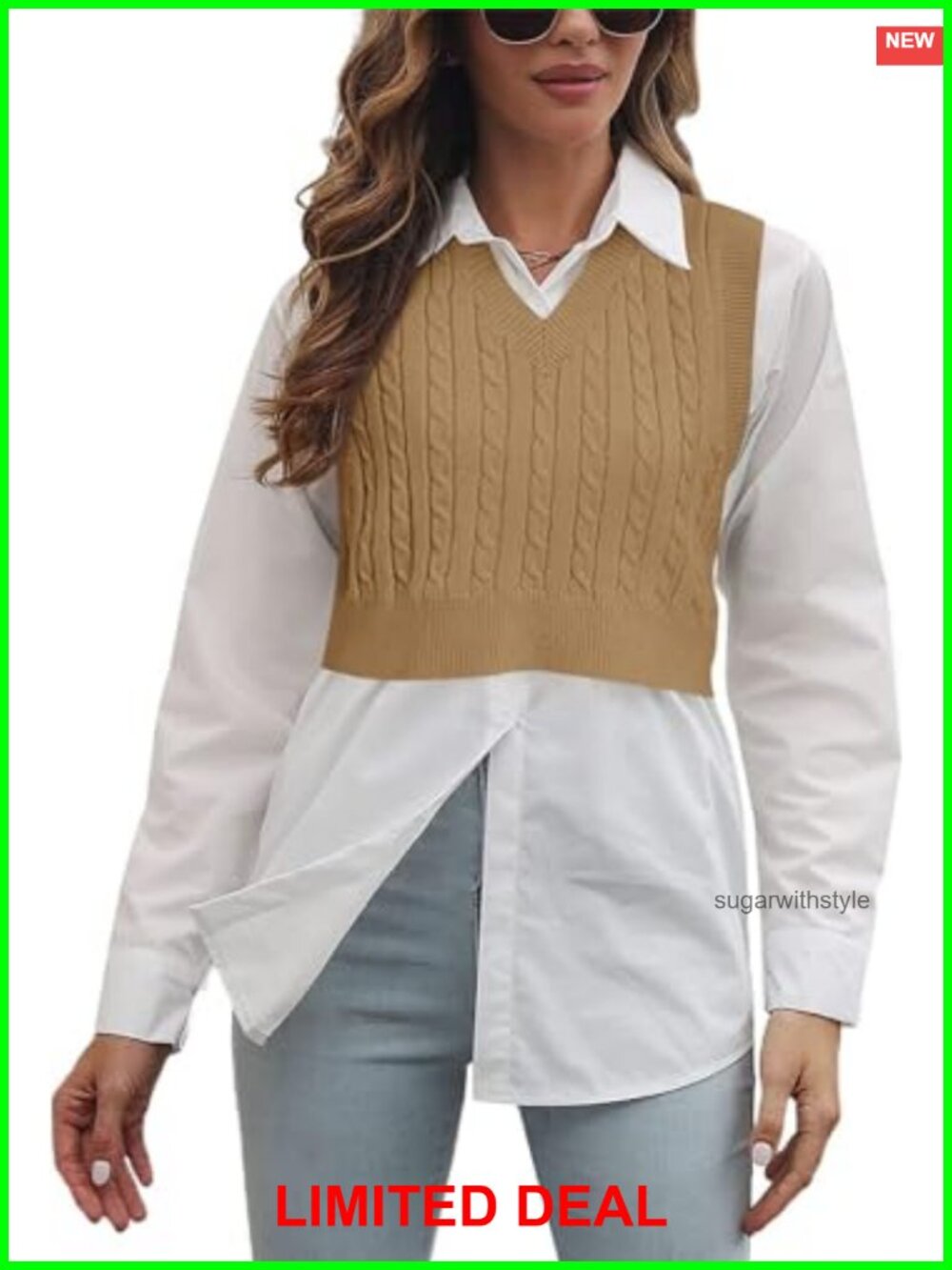 Sleeveless Argyle Knit Sweater Vest V-Neck Cropped Tank Top